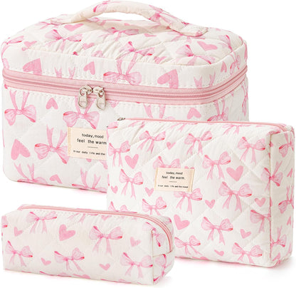 HBselect Quilted Makeup Bag, 3PCS Cotton Large Travel Makeup Bag, Cute Floral Coquette Make up Bag Cosmetic Bag Toiletry Bag for Women Girls - Colors A
