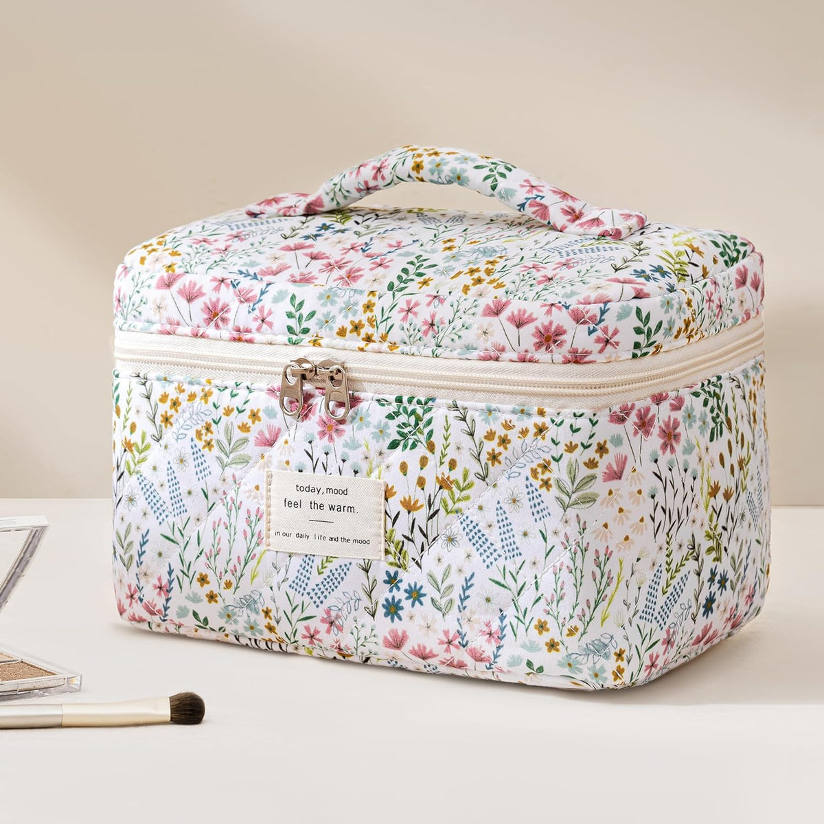 HBselect Quilted Makeup Bag, 3PCS Cotton Large Travel Makeup Bag, Cute Floral Coquette Make up Bag Cosmetic Bag Toiletry Bag for Women Girls - Colors B