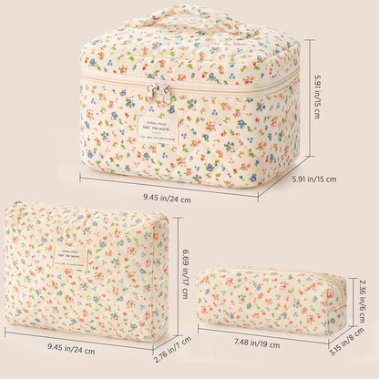 HBselect Quilted Makeup Bag, 3PCS Cotton Large Travel Makeup Bag, Cute Floral Coquette Make up Bag Cosmetic Bag Toiletry Bag for Women Girls - Colors B