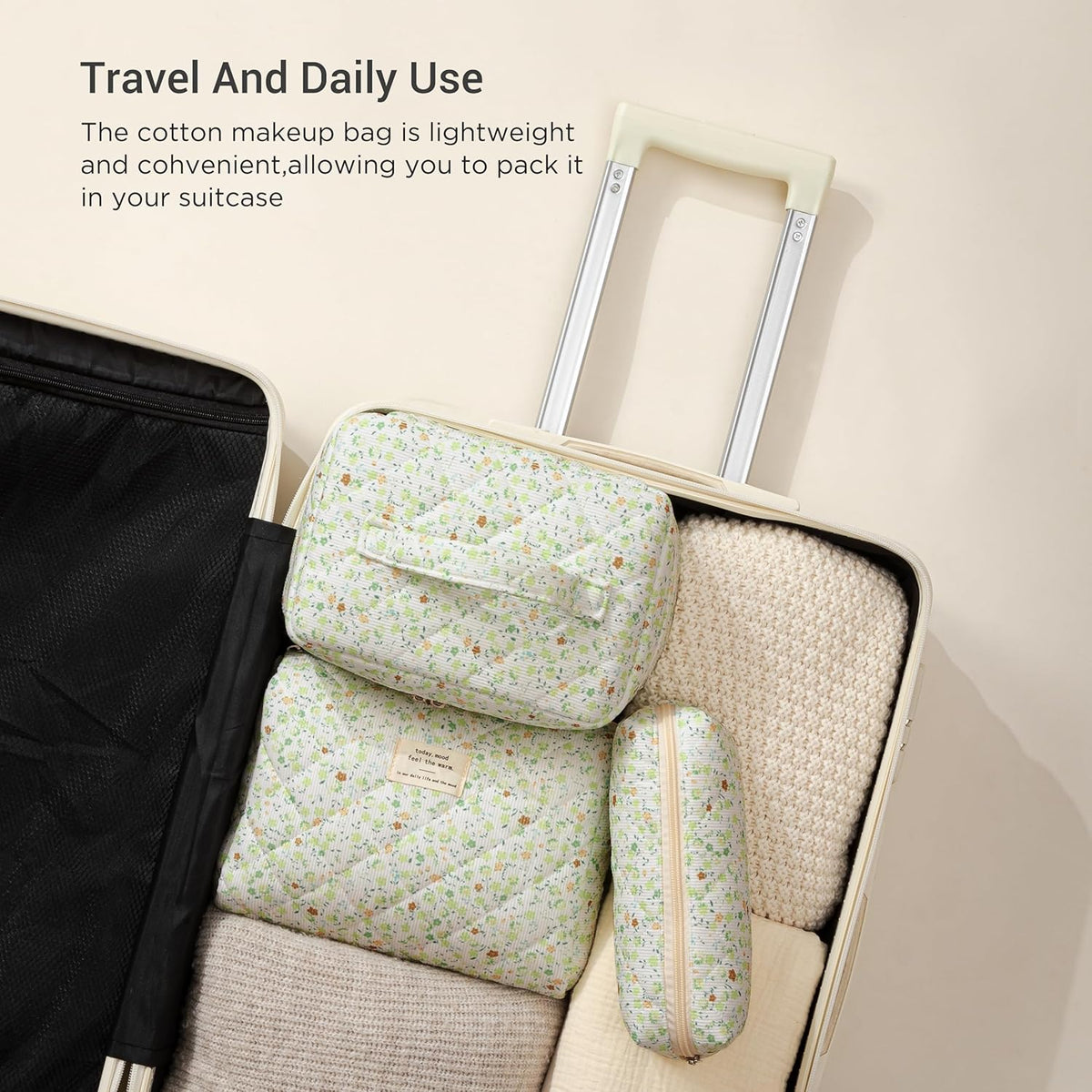 HBselect Quilted Makeup Bag, 3PCS Cotton Large Travel Makeup Bag, Cute Floral Coquette Make up Bag Cosmetic Bag Toiletry Bag for Women Girls - Colors A
