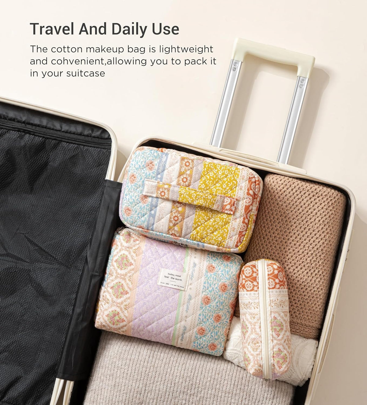 HBselect Quilted Makeup Bag, 3PCS Cotton Large Travel Makeup Bag, Cute Floral Coquette Make up Bag Cosmetic Bag Toiletry Bag for Women Girls - Colors B