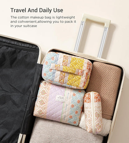 HBselect Quilted Makeup Bag, 3PCS Cotton Large Travel Makeup Bag, Cute Floral Coquette Make up Bag Cosmetic Bag Toiletry Bag for Women Girls - Colors B