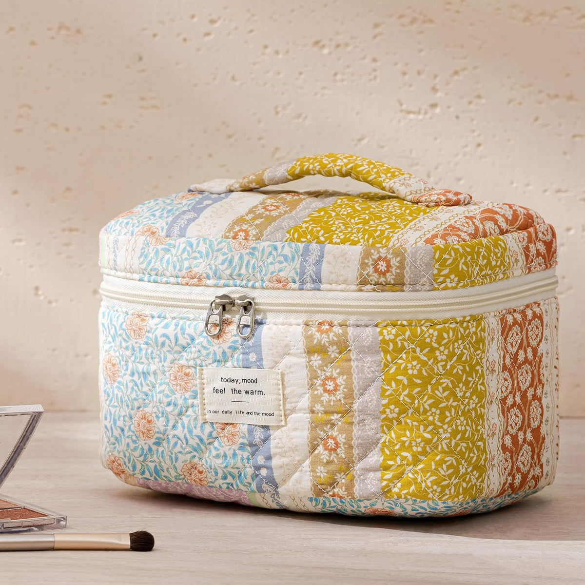 HBselect Quilted Makeup Bag, 3PCS Cotton Large Travel Makeup Bag, Cute Floral Coquette Make up Bag Cosmetic Bag Toiletry Bag for Women Girls - Colors B