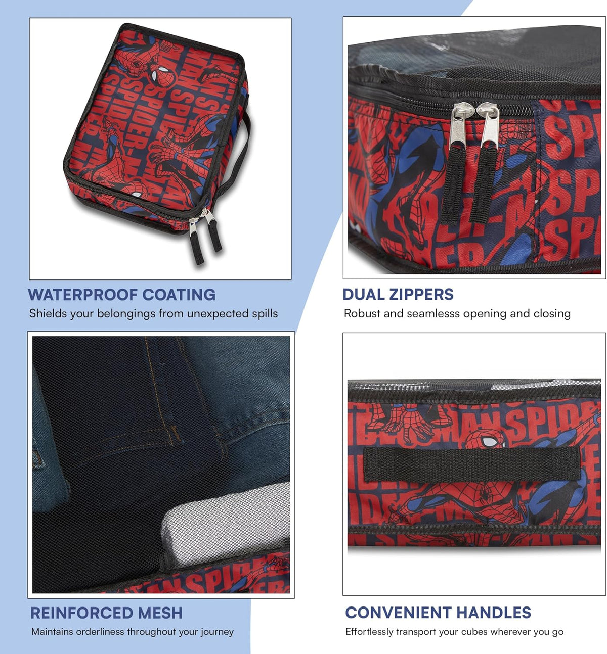 Marvel Comics 5-Piece Packing Cube Set - Spiderman, Ironman, Captain America - 5 Piece Packing Cubes Compression Travel Essential Accessories - Luggage Suitcase Organizer Set - For Kids, Adults