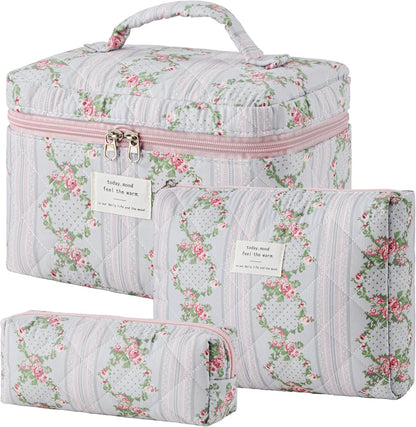 HBselect Quilted Makeup Bag, 3PCS Cotton Large Travel Makeup Bag, Cute Floral Coquette Make up Bag Cosmetic Bag Toiletry Bag for Women Girls - Colors B