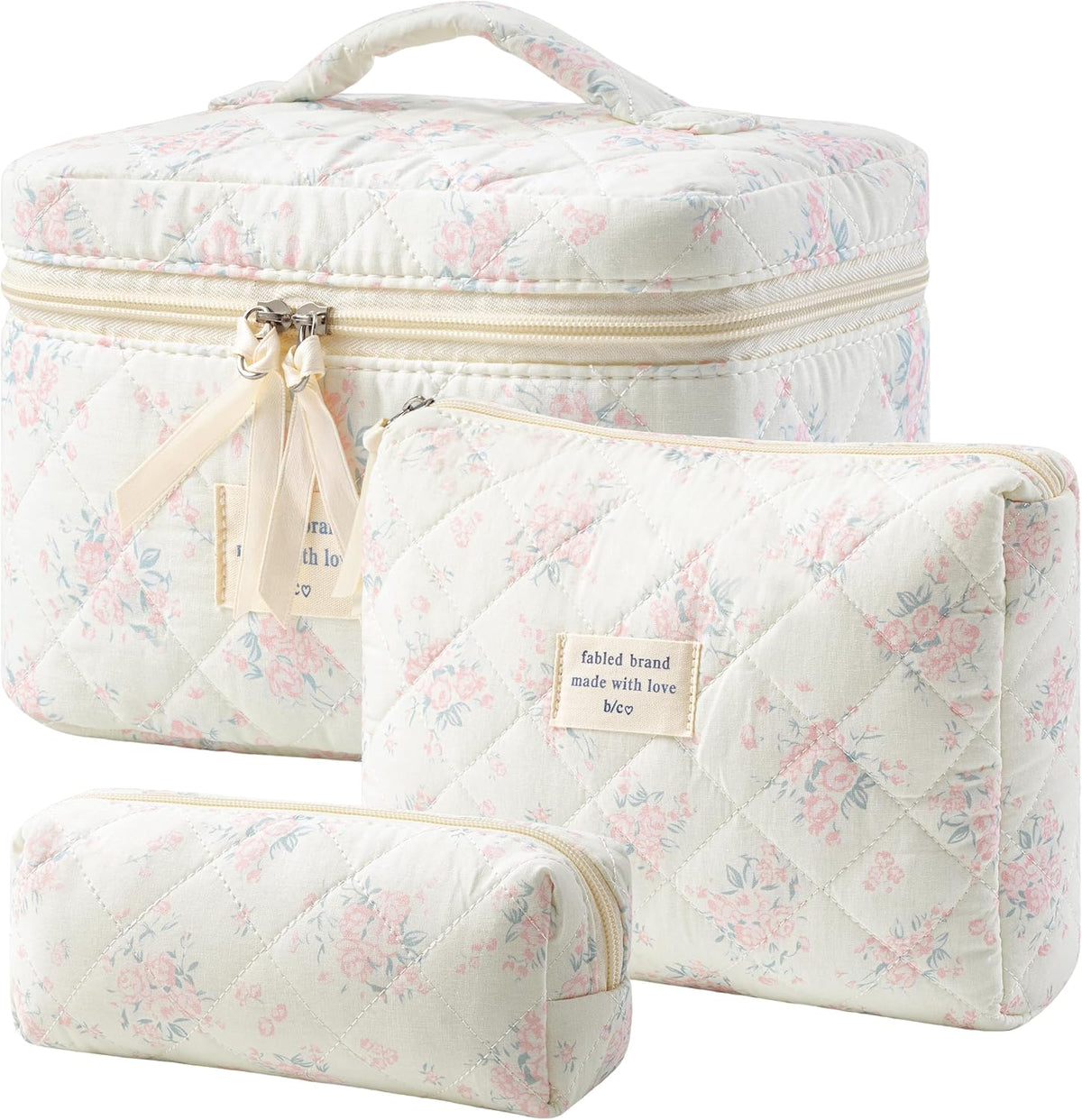 HBselect Quilted Makeup Bag, 3PCS Cotton Large Travel Makeup Bag, Cute Floral Coquette Make up Bag Cosmetic Bag Toiletry Bag for Women Girls - Colors B
