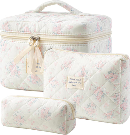 HBselect Quilted Makeup Bag, 3PCS Cotton Large Travel Makeup Bag, Cute Floral Coquette Make up Bag Cosmetic Bag Toiletry Bag for Women Girls - Colors B