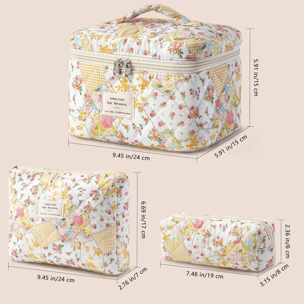 HBselect Quilted Makeup Bag, 3PCS Cotton Large Travel Makeup Bag, Cute Floral Coquette Make up Bag Cosmetic Bag Toiletry Bag for Women Girls - Colors A
