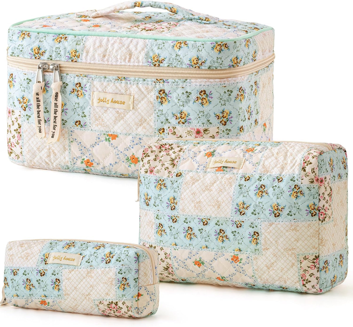 HBselect Quilted Makeup Bag, 3PCS Cotton Large Travel Makeup Bag, Cute Floral Coquette Make up Bag Cosmetic Bag Toiletry Bag for Women Girls - Colors A