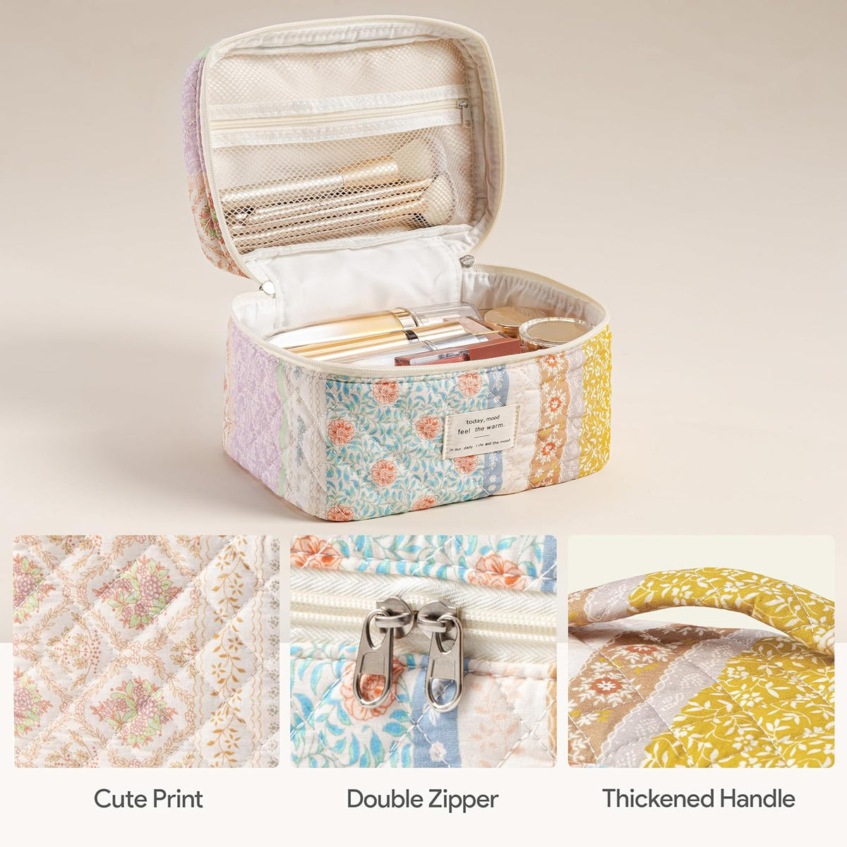 HBselect Quilted Makeup Bag, 3PCS Cotton Large Travel Makeup Bag, Cute Floral Coquette Make up Bag Cosmetic Bag Toiletry Bag for Women Girls - Colors B