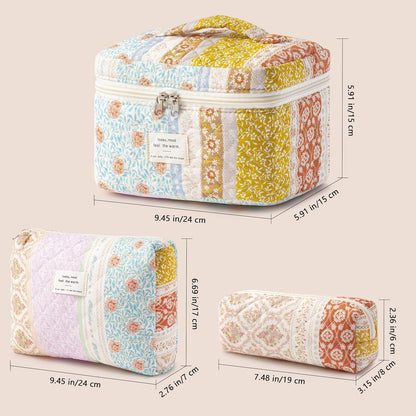 HBselect Quilted Makeup Bag, 3PCS Cotton Large Travel Makeup Bag, Cute Floral Coquette Make up Bag Cosmetic Bag Toiletry Bag for Women Girls - Colors B