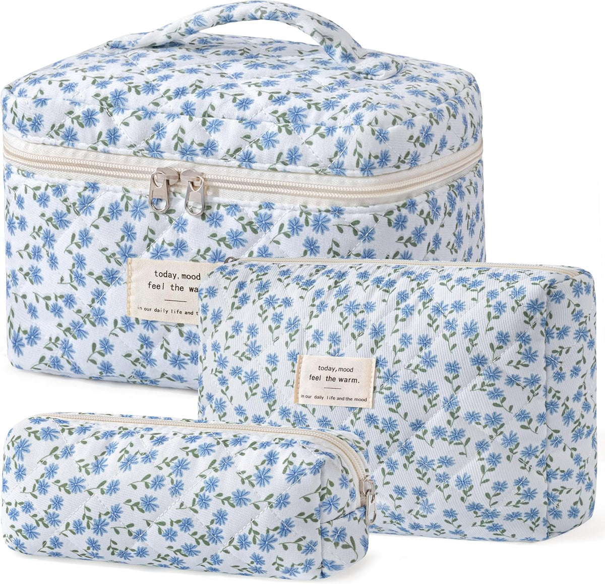 HBselect Quilted Makeup Bag, 3PCS Cotton Large Travel Makeup Bag, Cute Floral Coquette Make up Bag Cosmetic Bag Toiletry Bag for Women Girls - Colors A