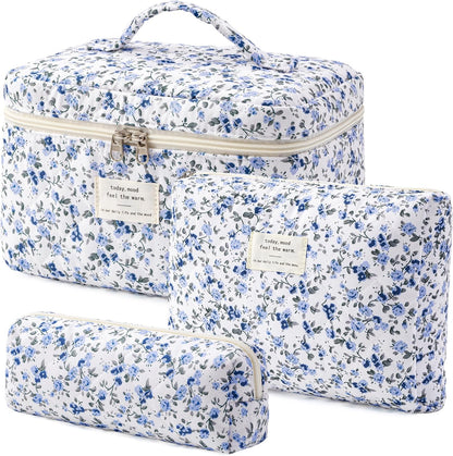 HBselect Quilted Makeup Bag, 3PCS Cotton Large Travel Makeup Bag, Cute Floral Coquette Make up Bag Cosmetic Bag Toiletry Bag for Women Girls - Colors A