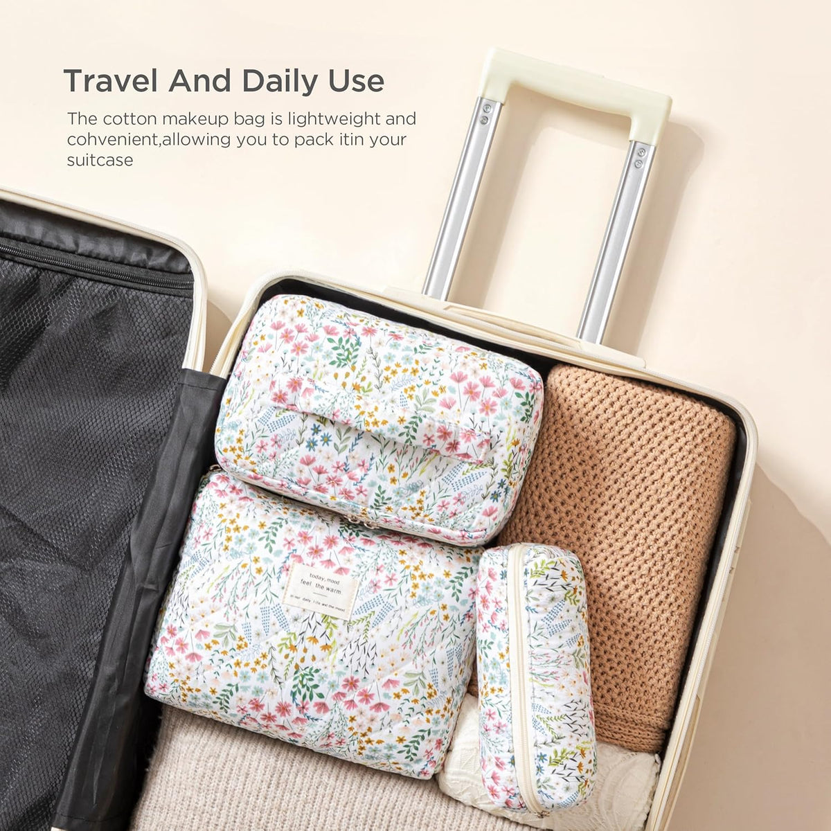 HBselect Quilted Makeup Bag, 3PCS Cotton Large Travel Makeup Bag, Cute Floral Coquette Make up Bag Cosmetic Bag Toiletry Bag for Women Girls - Colors B