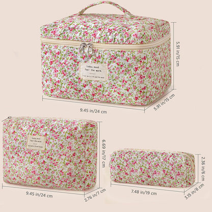 HBselect Quilted Makeup Bag, 3PCS Cotton Large Travel Makeup Bag, Cute Floral Coquette Make up Bag Cosmetic Bag Toiletry Bag for Women Girls - Colors B