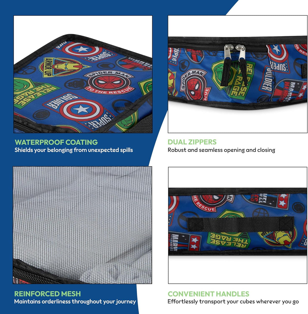Marvel Comics 5-Piece Packing Cube Set - Spiderman, Ironman, Captain America - 5 Piece Packing Cubes Compression Travel Essential Accessories - Luggage Suitcase Organizer Set - For Kids, Adults