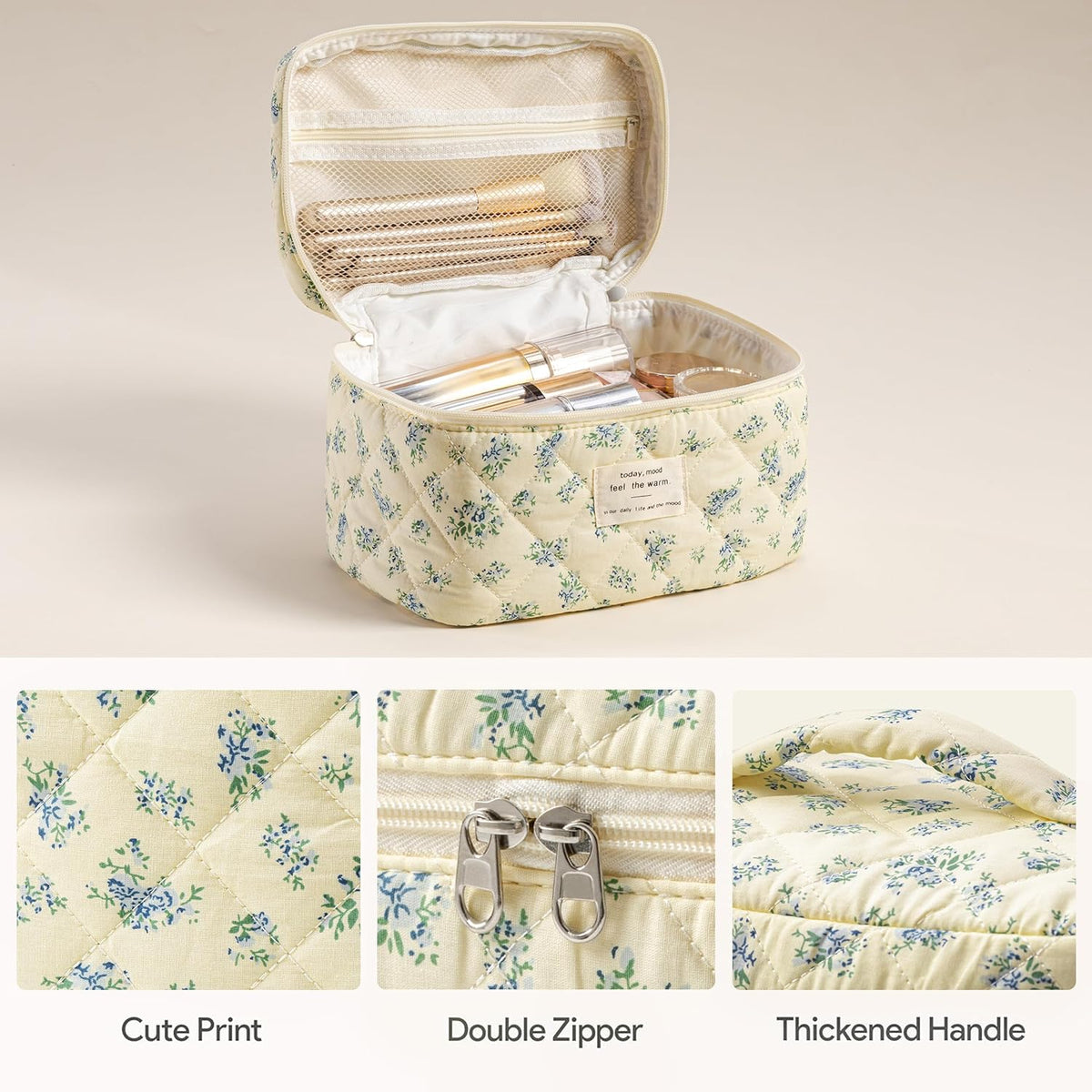 HBselect Quilted Makeup Bag, 3PCS Cotton Large Travel Makeup Bag, Cute Floral Coquette Make up Bag Cosmetic Bag Toiletry Bag for Women Girls - Colors B
