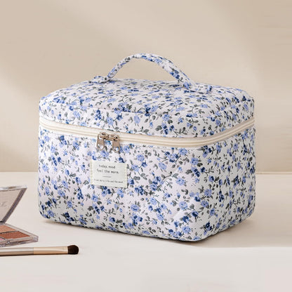 HBselect Quilted Makeup Bag, 3PCS Cotton Large Travel Makeup Bag, Cute Floral Coquette Make up Bag Cosmetic Bag Toiletry Bag for Women Girls - Colors A
