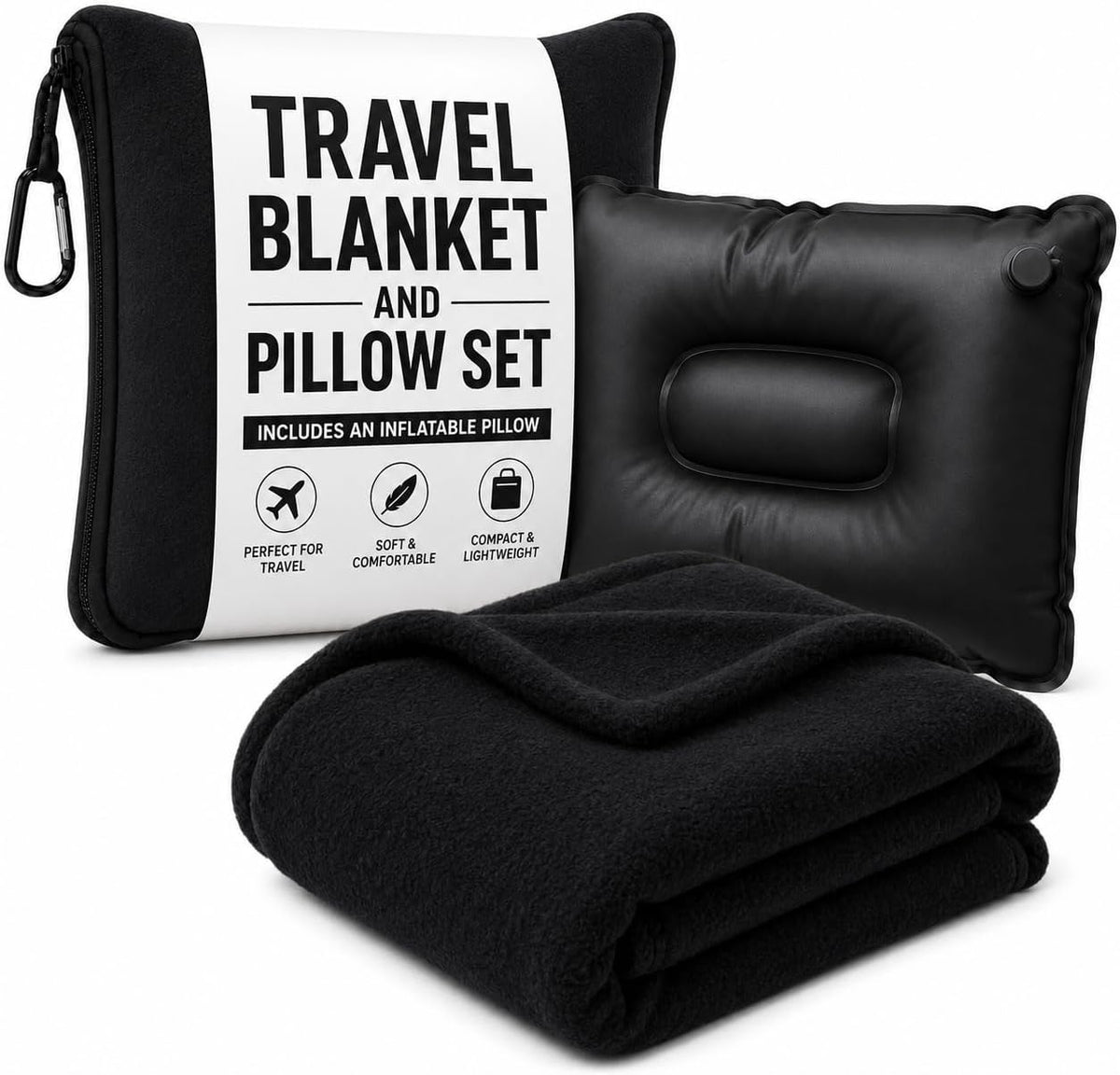 Travel Pillow and Blanket Set, 2-in-1 Airplane Travel Essentials with Soft Flannel Travel Blanket, Inflatable Pillow, Compact Carry Bag with Carabiner for Flights, Camping, Cruise Ship, Car