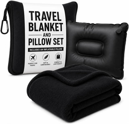 Travel Pillow and Blanket Set, 2-in-1 Airplane Travel Essentials with Soft Flannel Travel Blanket, Inflatable Pillow, Compact Carry Bag with Carabiner for Flights, Camping, Cruise Ship, Car