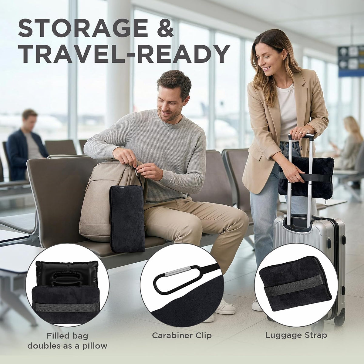 Travel Pillow and Blanket Set, 2-in-1 Airplane Travel Essentials with Soft Flannel Travel Blanket, Inflatable Pillow, Compact Carry Bag with Carabiner for Flights, Camping, Cruise Ship, Car