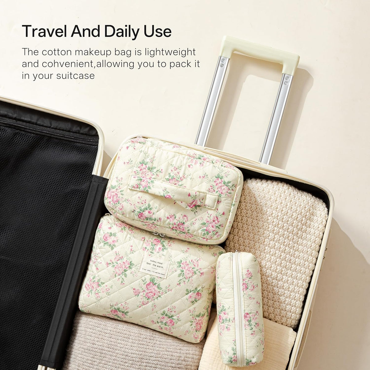 HBselect Quilted Makeup Bag, 3PCS Cotton Large Travel Makeup Bag, Cute Floral Coquette Make up Bag Cosmetic Bag Toiletry Bag for Women Girls - Colors B