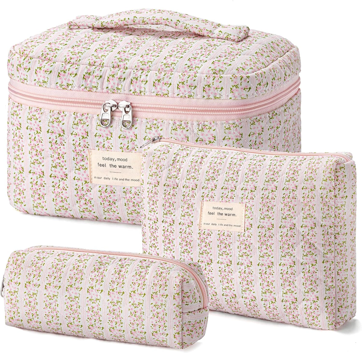HBselect Quilted Makeup Bag, 3PCS Cotton Large Travel Makeup Bag, Cute Floral Coquette Make up Bag Cosmetic Bag Toiletry Bag for Women Girls - Colors A