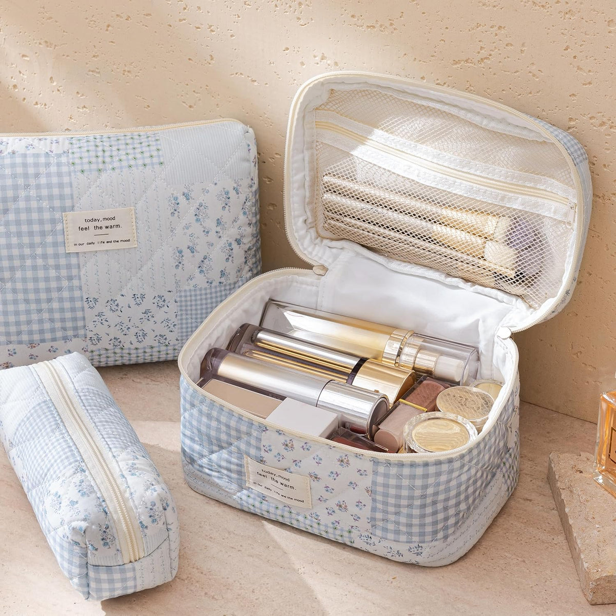 HBselect Quilted Makeup Bag, 3PCS Cotton Large Travel Makeup Bag, Cute Floral Coquette Make up Bag Cosmetic Bag Toiletry Bag for Women Girls - Colors B