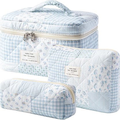 HBselect Quilted Makeup Bag, 3PCS Cotton Large Travel Makeup Bag, Cute Floral Coquette Make up Bag Cosmetic Bag Toiletry Bag for Women Girls - Colors B