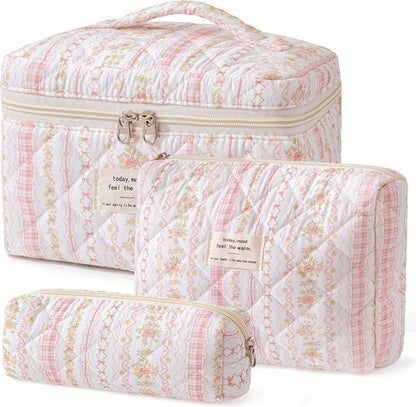 HBselect Quilted Makeup Bag, 3PCS Cotton Large Travel Makeup Bag, Cute Floral Coquette Make up Bag Cosmetic Bag Toiletry Bag for Women Girls - Colors B