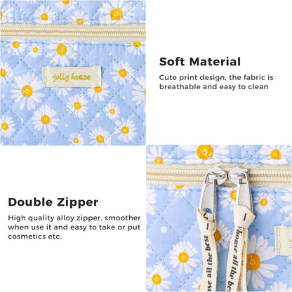 HBselect Quilted Makeup Bag, 3PCS Cotton Large Travel Makeup Bag, Cute Floral Coquette Make up Bag Cosmetic Bag Toiletry Bag for Women Girls - Colors B