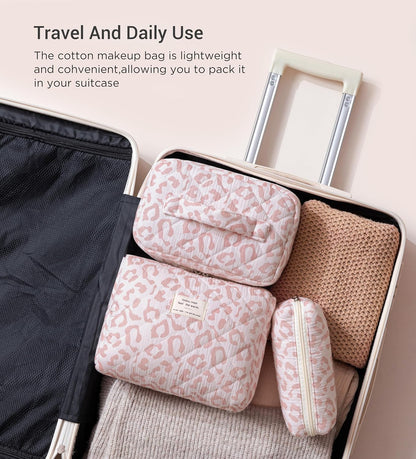 HBselect Quilted Makeup Bag, 3PCS Cotton Large Travel Makeup Bag, Cute Floral Coquette Make up Bag Cosmetic Bag Toiletry Bag for Women Girls - Colors A