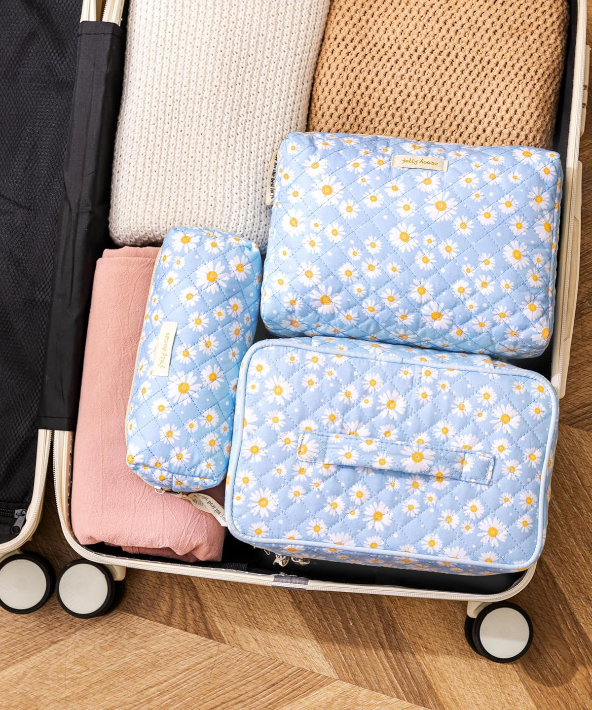 HBselect Quilted Makeup Bag, 3PCS Cotton Large Travel Makeup Bag, Cute Floral Coquette Make up Bag Cosmetic Bag Toiletry Bag for Women Girls - Colors B