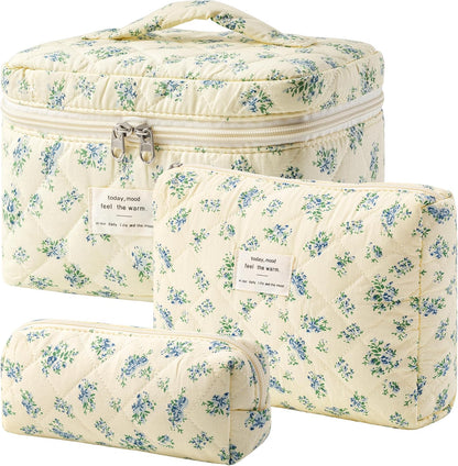 HBselect Quilted Makeup Bag, 3PCS Cotton Large Travel Makeup Bag, Cute Floral Coquette Make up Bag Cosmetic Bag Toiletry Bag for Women Girls - Colors B