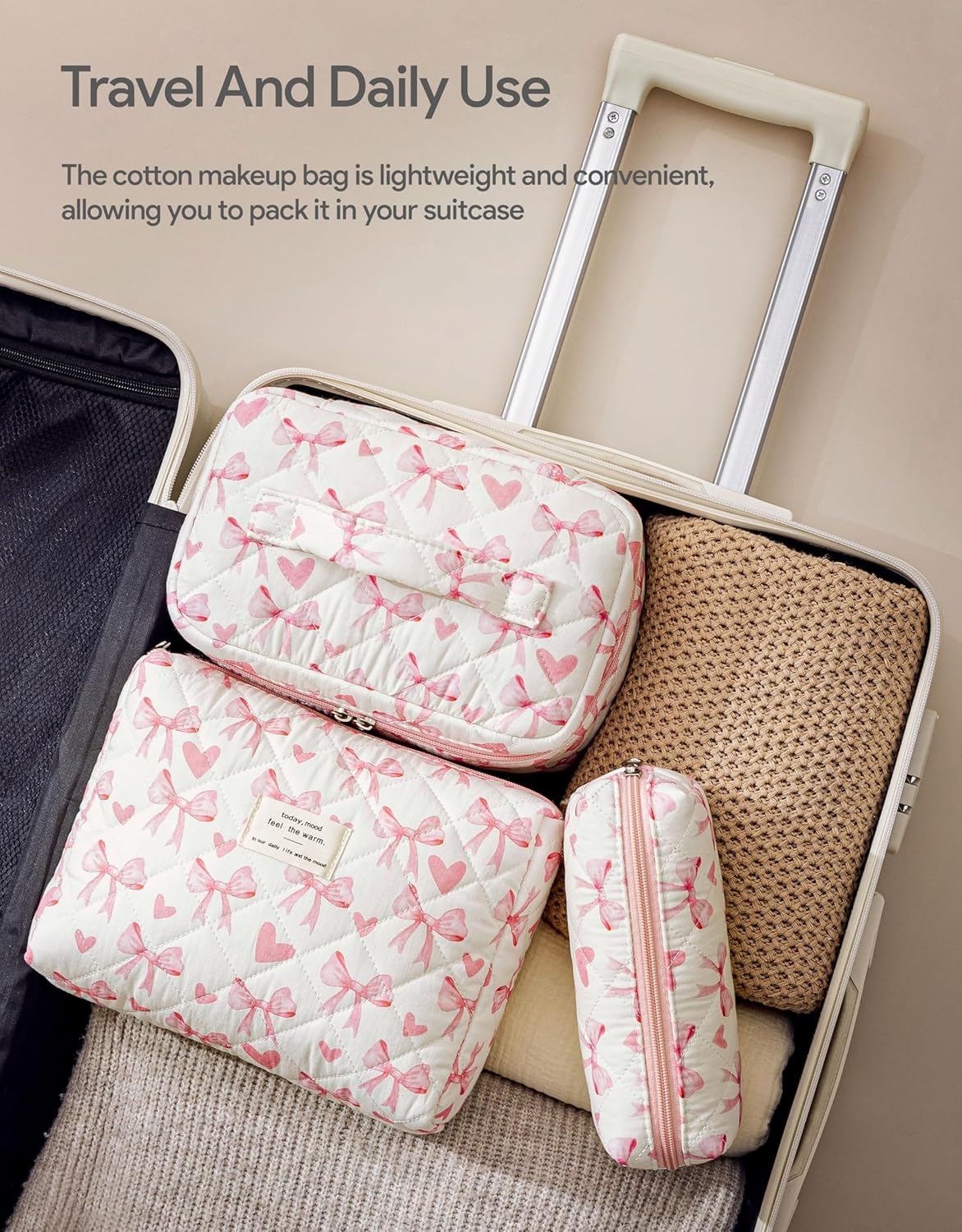 HBselect Quilted Makeup Bag, 3PCS Cotton Large Travel Makeup Bag, Cute Floral Coquette Make up Bag Cosmetic Bag Toiletry Bag for Women Girls - Colors A