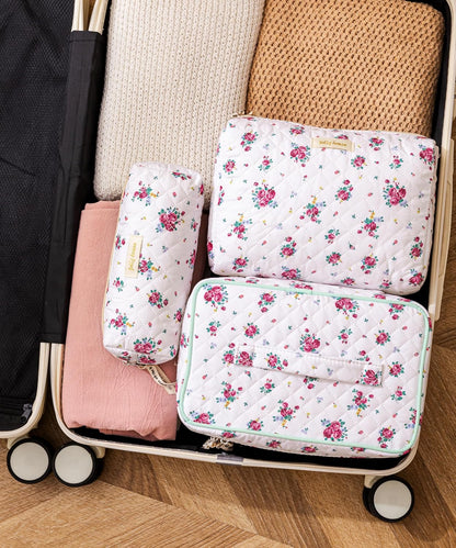 HBselect Quilted Makeup Bag, 3PCS Cotton Large Travel Makeup Bag, Cute Floral Coquette Make up Bag Cosmetic Bag Toiletry Bag for Women Girls - Colors B