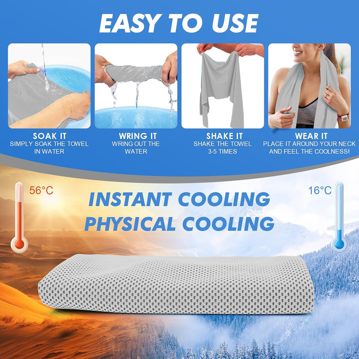 4 Pack Cooling Towels (47"x12") for Neck and Face, Ice Towel for Hot Weather, Soft Breathable Chilly Gym Towels, Microfiber Towel for Work Out, Yoga, Running, Camping & More Activities