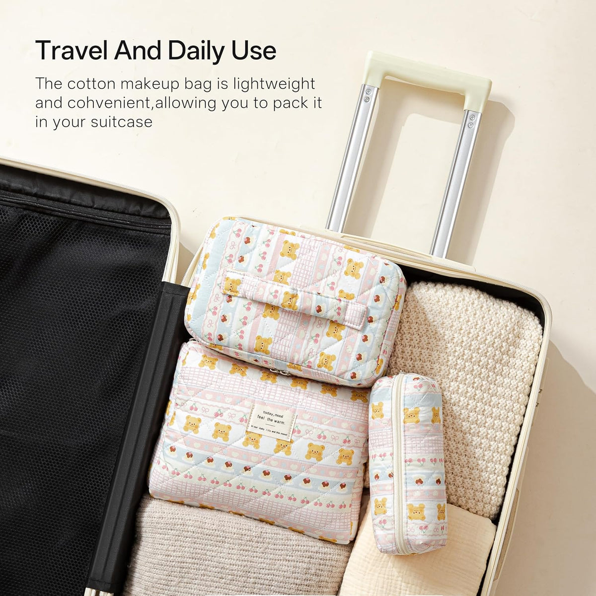 HBselect Quilted Makeup Bag, 3PCS Cotton Large Travel Makeup Bag, Cute Floral Coquette Make up Bag Cosmetic Bag Toiletry Bag for Women Girls - Colors B