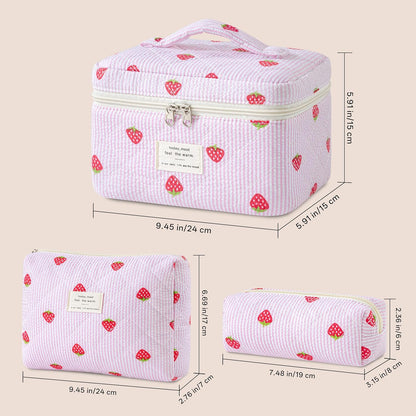 HBselect Quilted Makeup Bag, 3PCS Cotton Large Travel Makeup Bag, Cute Floral Coquette Make up Bag Cosmetic Bag Toiletry Bag for Women Girls - Colors B