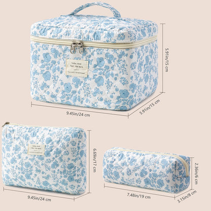 HBselect Quilted Makeup Bag, 3PCS Cotton Large Travel Makeup Bag, Cute Floral Coquette Make up Bag Cosmetic Bag Toiletry Bag for Women Girls - Colors B