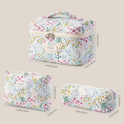 HBselect Quilted Makeup Bag, 3PCS Cotton Large Travel Makeup Bag, Cute Floral Coquette Make up Bag Cosmetic Bag Toiletry Bag for Women Girls - Colors B