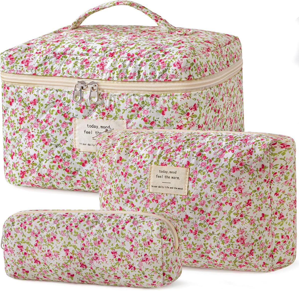 HBselect Quilted Makeup Bag, 3PCS Cotton Large Travel Makeup Bag, Cute Floral Coquette Make up Bag Cosmetic Bag Toiletry Bag for Women Girls - Colors B