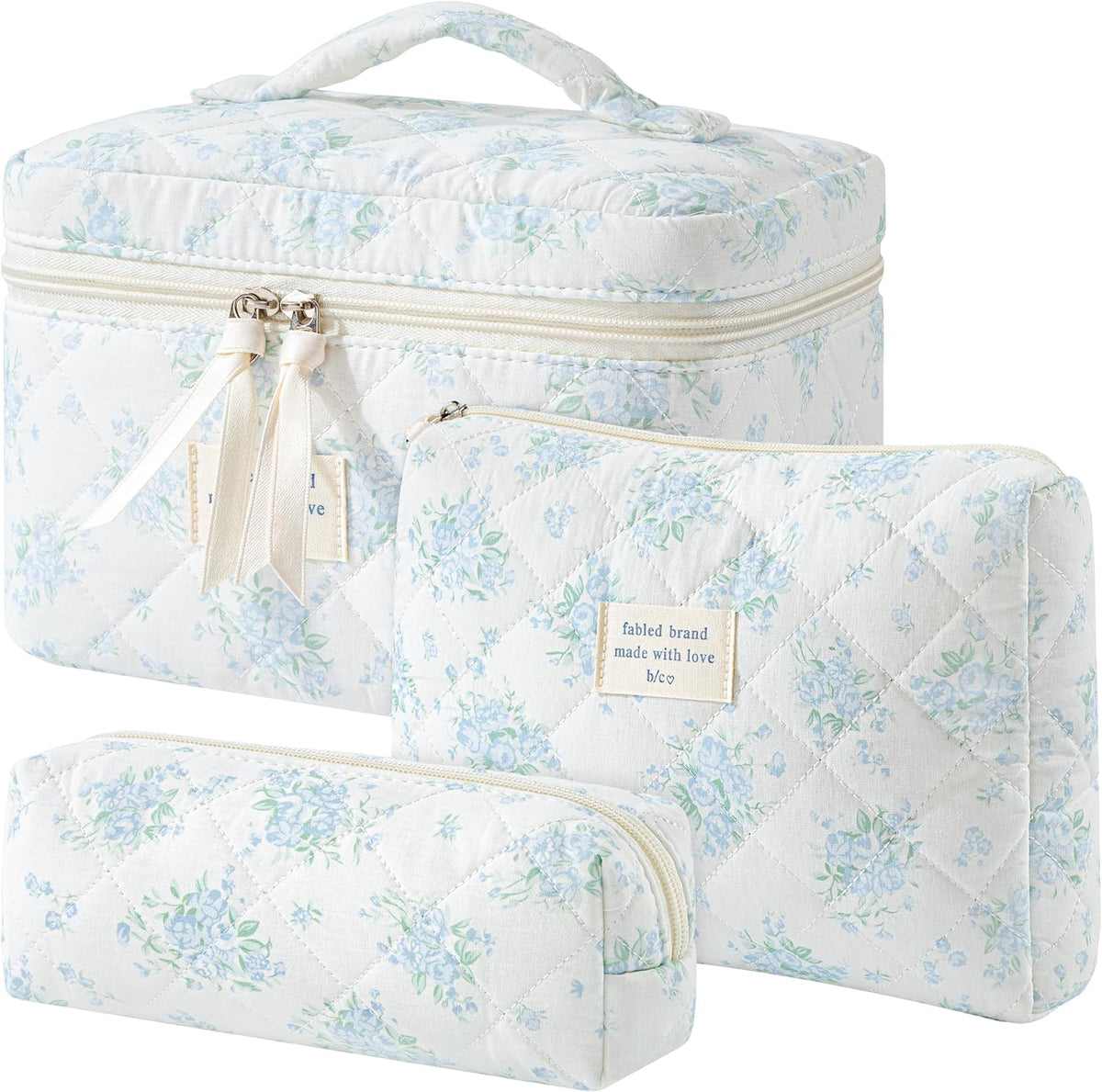 HBselect Quilted Makeup Bag, 3PCS Cotton Large Travel Makeup Bag, Cute Floral Coquette Make up Bag Cosmetic Bag Toiletry Bag for Women Girls - Colors B