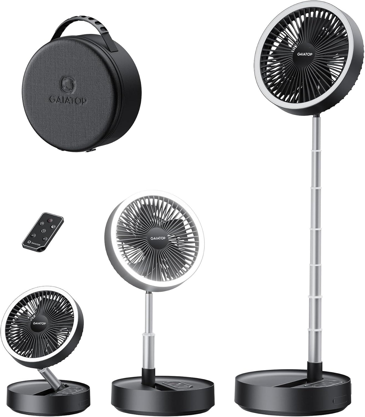 Portable Pedestal Fan 16000mAh Battery [Max 74h Runtime], Foldable Oscillating Standing Fan, Collapsible Desk Fans, LED Light, Case & Remote Control 4 Speeds for Outdoor Travel Camping (Black)