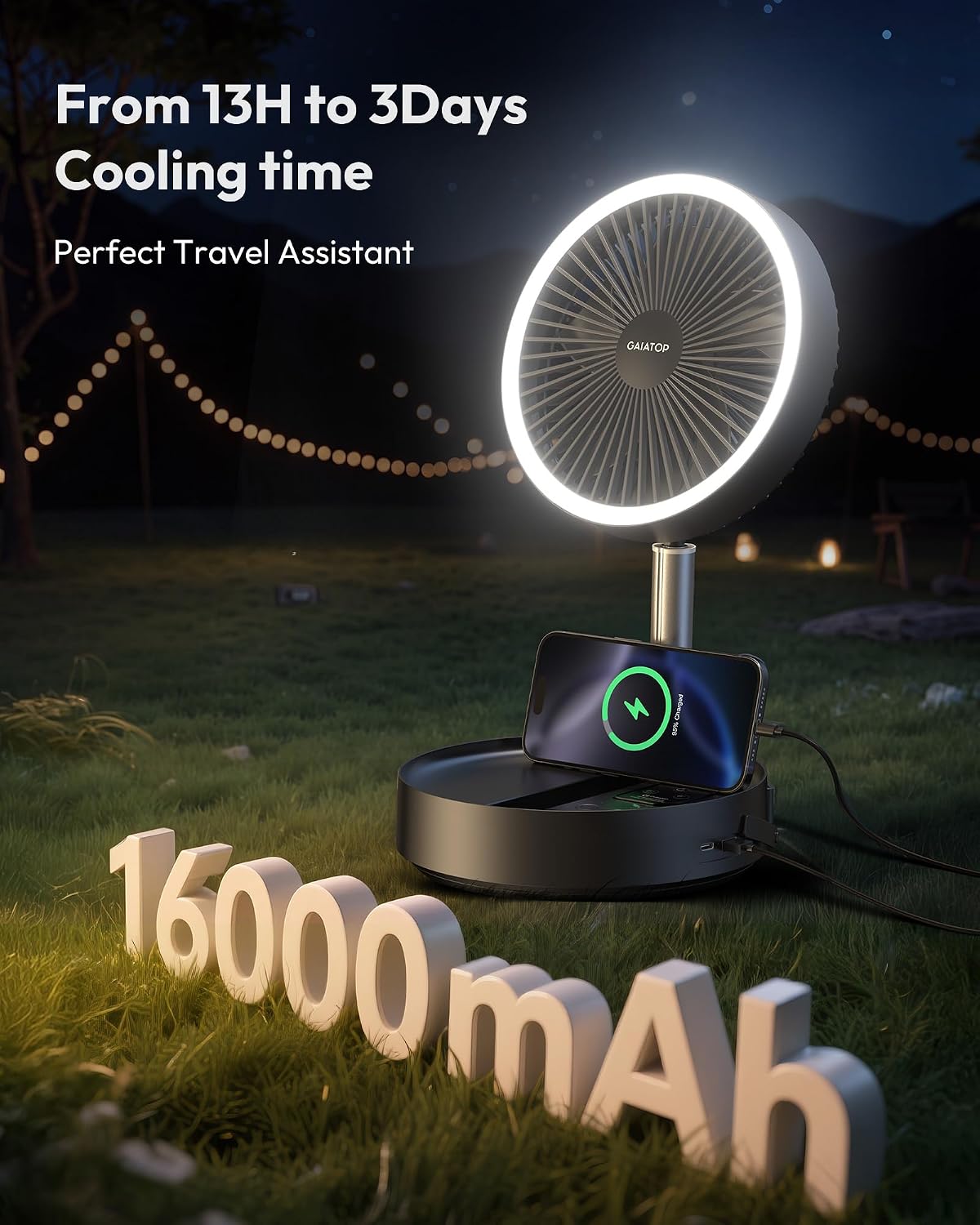 Portable Pedestal Fan 16000mAh Battery [Max 74h Runtime], Foldable Oscillating Standing Fan, Collapsible Desk Fans, LED Light, Case & Remote Control 4 Speeds for Outdoor Travel Camping (Black)