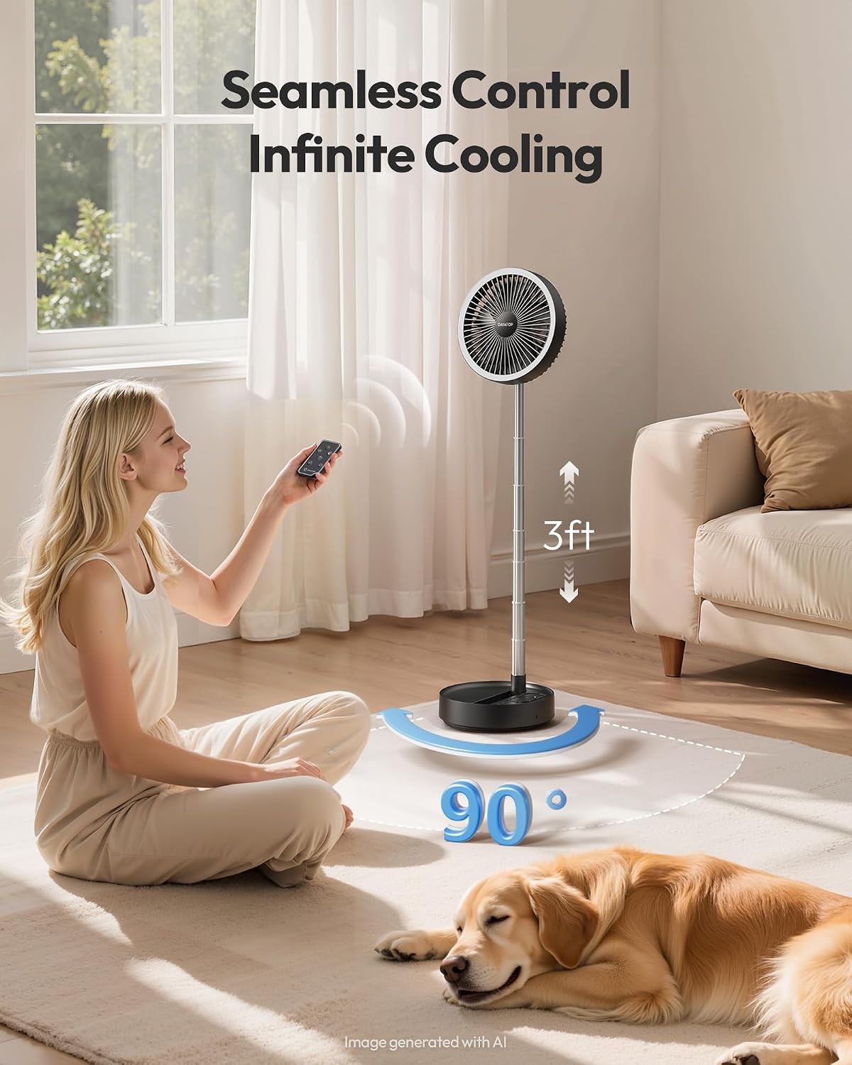 Portable Pedestal Fan 16000mAh Battery [Max 74h Runtime], Foldable Oscillating Standing Fan, Collapsible Desk Fans, LED Light, Case & Remote Control 4 Speeds for Outdoor Travel Camping (Black)