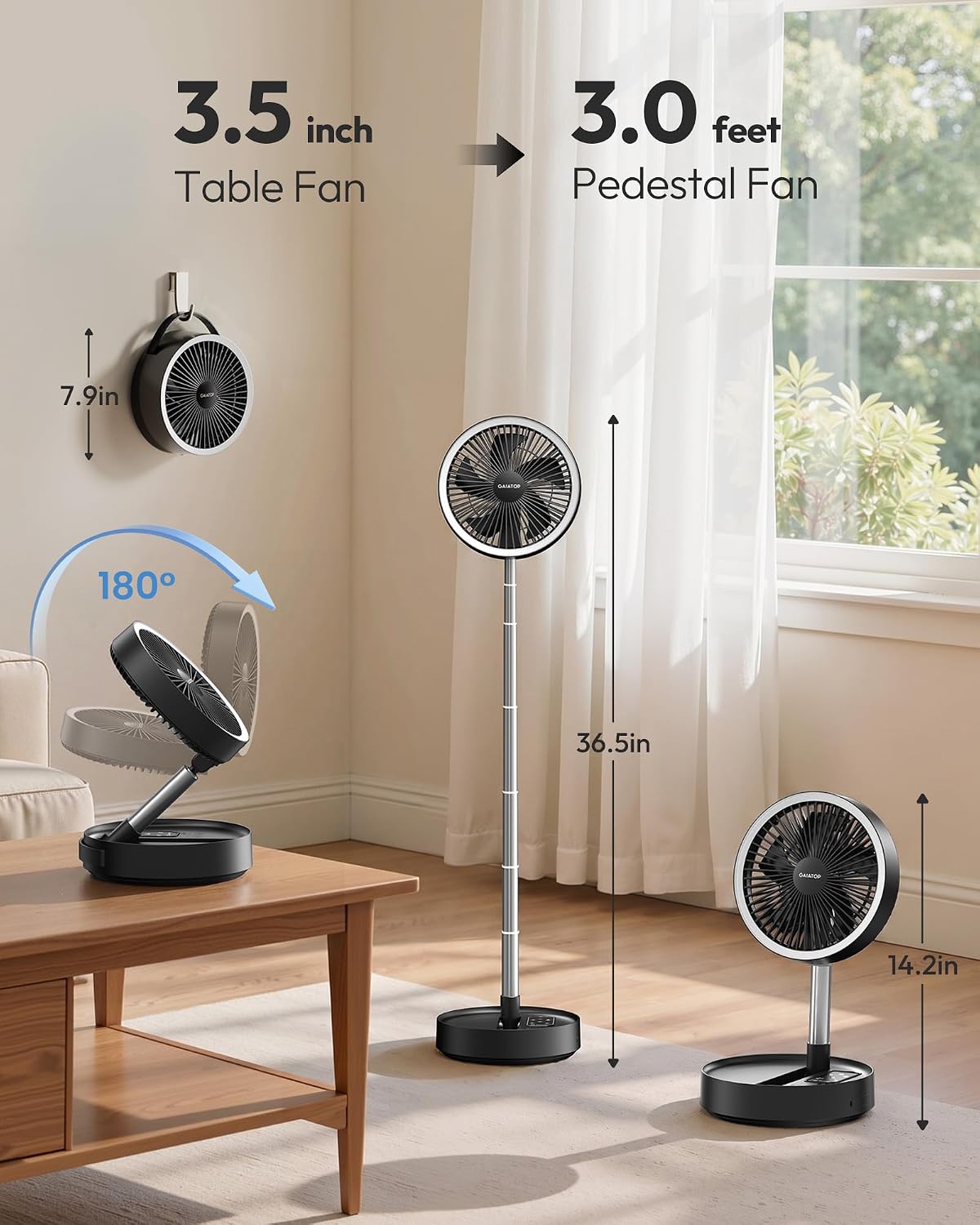 Portable Pedestal Fan 16000mAh Battery [Max 74h Runtime], Foldable Oscillating Standing Fan, Collapsible Desk Fans, LED Light, Case & Remote Control 4 Speeds for Outdoor Travel Camping (Black)