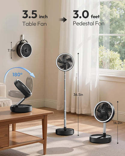 Portable Pedestal Fan 16000mAh Battery [Max 74h Runtime], Foldable Oscillating Standing Fan, Collapsible Desk Fans, LED Light, Case & Remote Control 4 Speeds for Outdoor Travel Camping (Black)