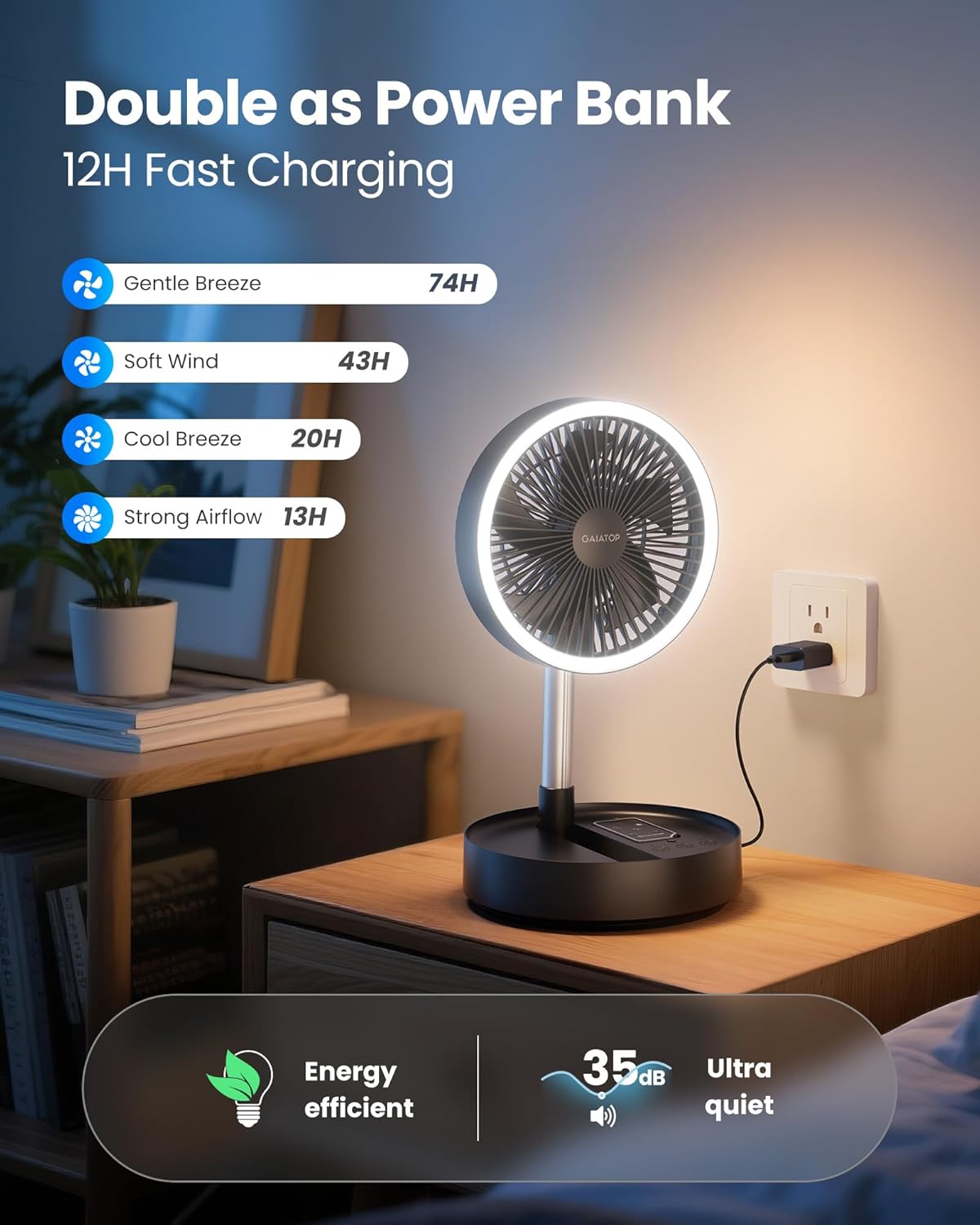 Portable Pedestal Fan 16000mAh Battery [Max 74h Runtime], Foldable Oscillating Standing Fan, Collapsible Desk Fans, LED Light, Case & Remote Control 4 Speeds for Outdoor Travel Camping (Black)