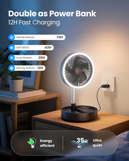 Portable Pedestal Fan 16000mAh Battery [Max 74h Runtime], Foldable Oscillating Standing Fan, Collapsible Desk Fans, LED Light, Case & Remote Control 4 Speeds for Outdoor Travel Camping (Black)